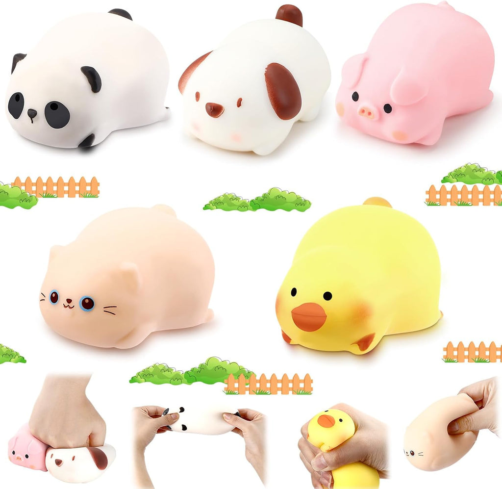 （IUSL）HyDren 5 Pcs Farm Animal Stress Balls Squeeze Ball Stress Relief Toy Bunny Dog Pig Duck Donkey Panda Cat Stress Balls Sensory Toys for Anxiety Relief Improve Focus Party Favors (Cute Style)