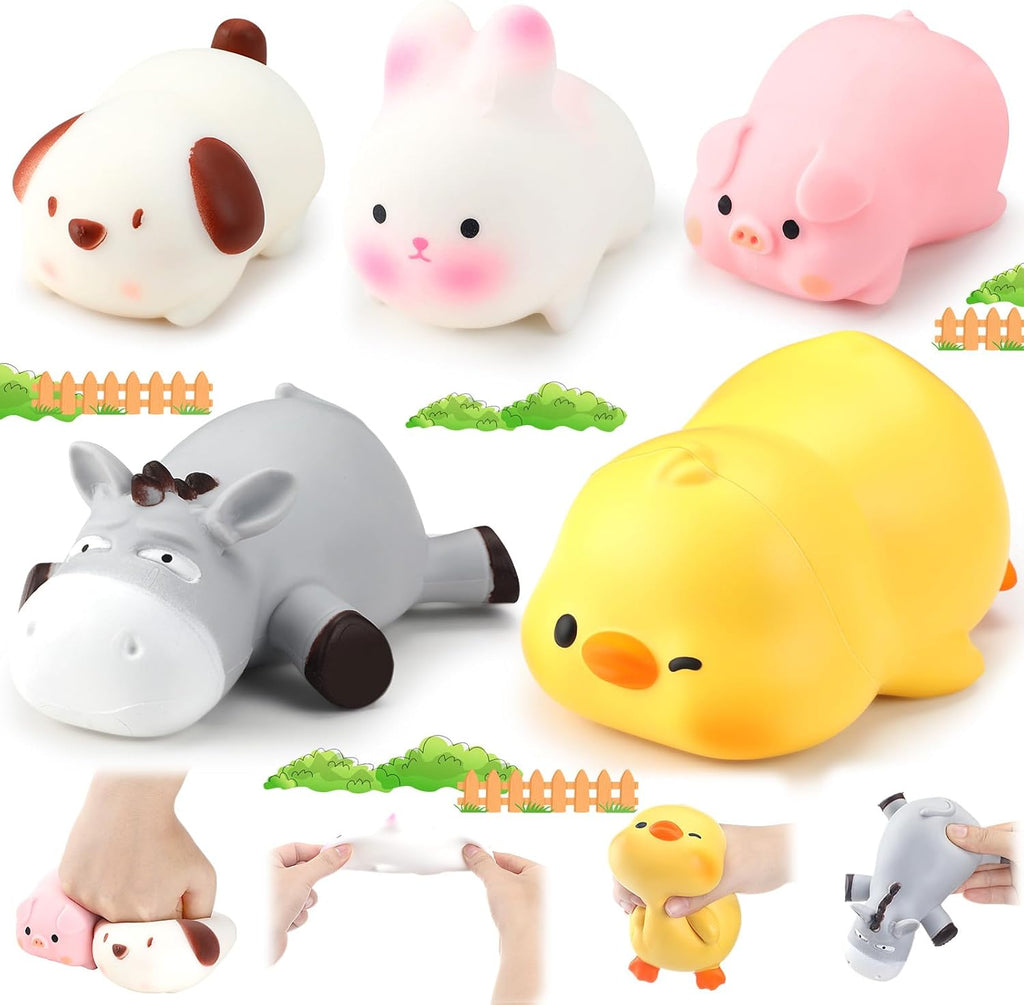 （IUSL）HyDren 5 Pcs Farm Animal Stress Balls Squeeze Ball Stress Relief Toy Bunny Dog Pig Duck Donkey Panda Cat Stress Balls Sensory Toys for Anxiety Relief Improve Focus Party Favors (Cute Style)