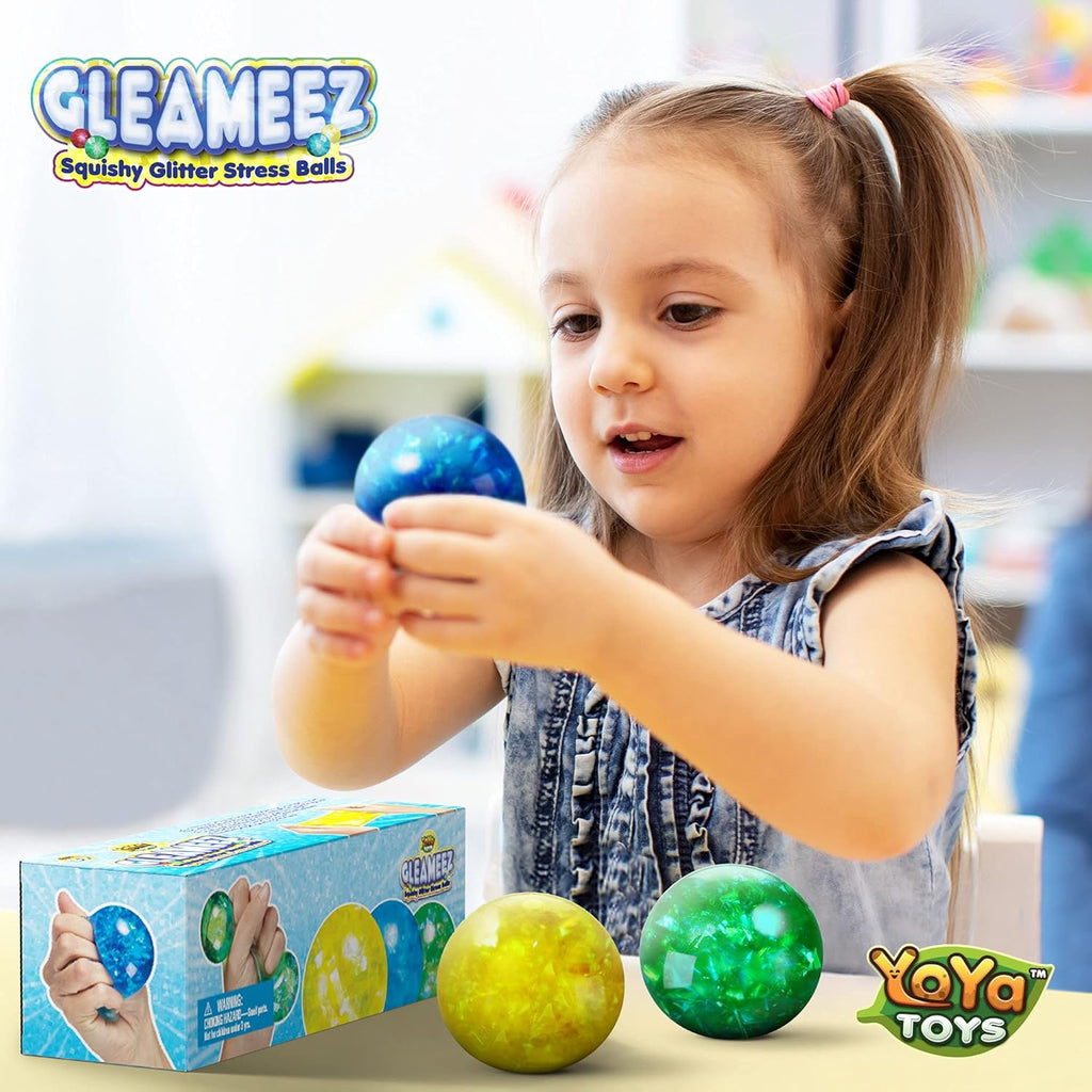 （IUSL）YoYa Toys Gleameez Glitter Stress Ball Fidget Toy Pack | Colorful Squish Balls Filled with Sparkling Foil Glitters | Excellent for Stress Relief, Focus, Relaxation & Gift Giving | 3 Pack