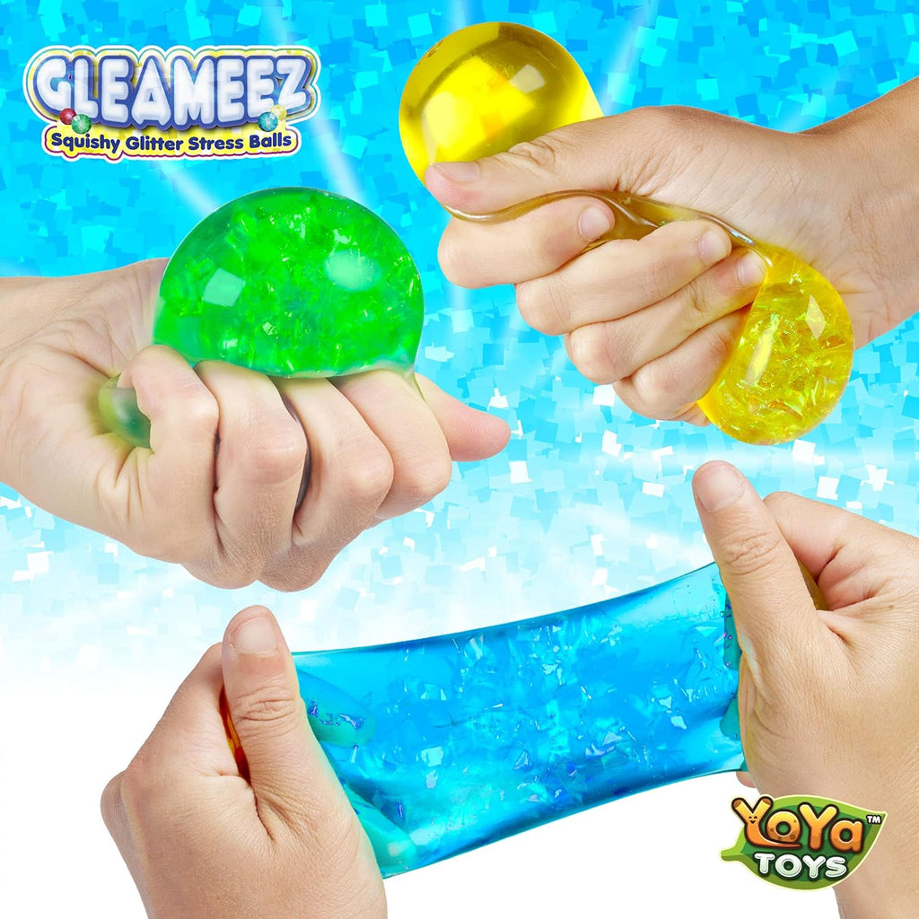 （IUSL）YoYa Toys Gleameez Glitter Stress Ball Fidget Toy Pack | Colorful Squish Balls Filled with Sparkling Foil Glitters | Excellent for Stress Relief, Focus, Relaxation & Gift Giving | 3 Pack