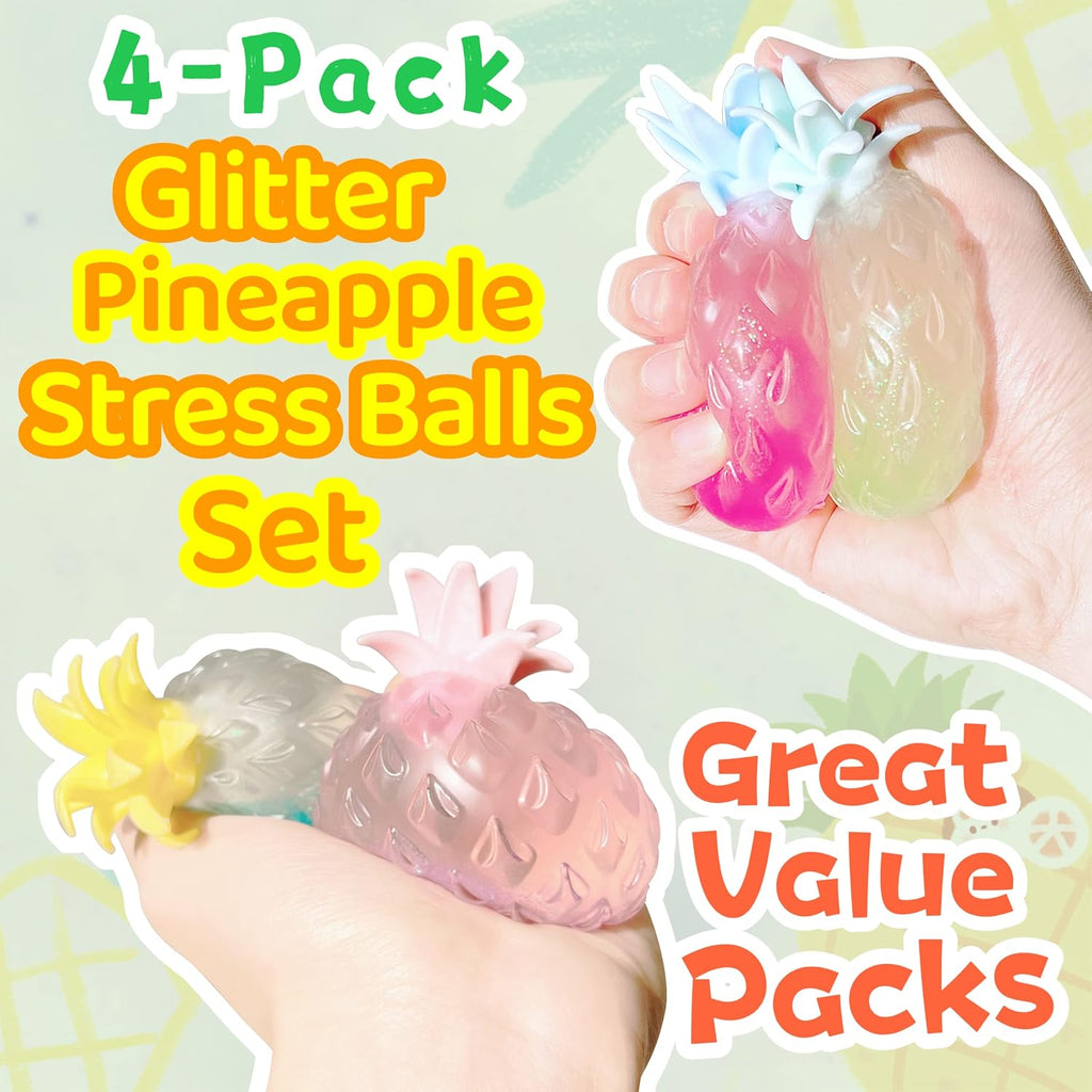 （IUSL）Pineapple Stress Balls for Kids and Adults Squishy Glitter Fruit Fidget Toys, (4pack) Sensory Stress Relief Toy Stretch Squeeze Ball, Stress Anxiety Relief Fidget Squishy Ball for ADHD Autism