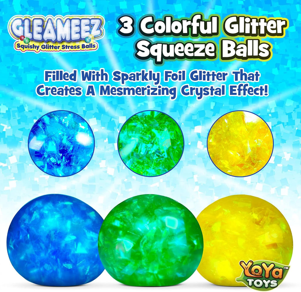 （IUSL）YoYa Toys Gleameez Glitter Stress Ball Fidget Toy Pack | Colorful Squish Balls Filled with Sparkling Foil Glitters | Excellent for Stress Relief, Focus, Relaxation & Gift Giving | 3 Pack