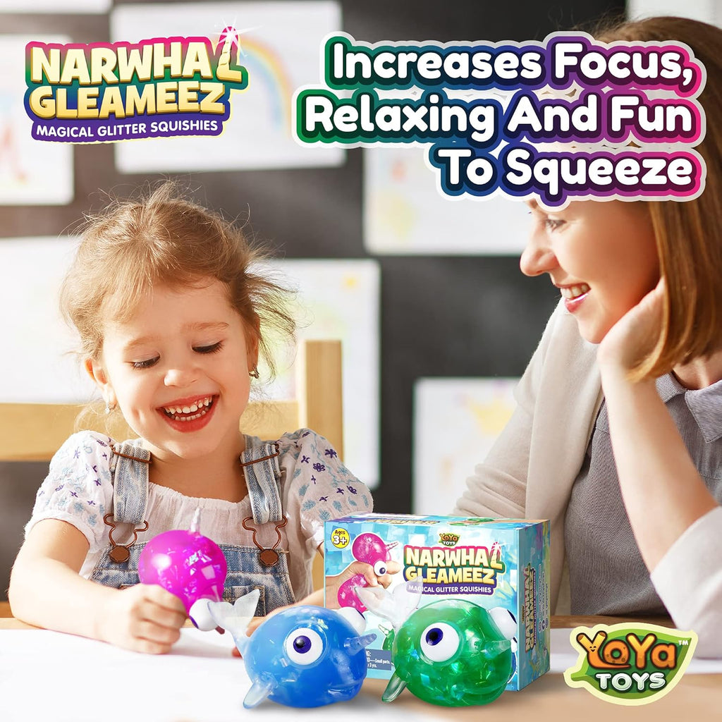 （IUSL）YoYa Toys Gleameez Narwhal Stress Ball Fidget Toy | Glittery Sparkling Squeeze Toy For Anxiety Relief, Stress, Anger Management, Occupational Therapy | Colorful Squishy Ball For Kids & Adults | 3 Pack
