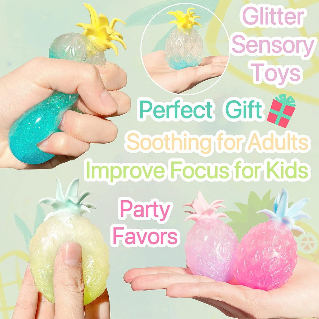 （IUSL）Pineapple Stress Balls for Kids and Adults Squishy Glitter Fruit Fidget Toys, (4pack) Sensory Stress Relief Toy Stretch Squeeze Ball, Stress Anxiety Relief Fidget Squishy Ball for ADHD Autism