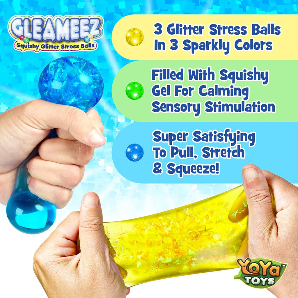 （IUSL）YoYa Toys Gleameez Glitter Stress Ball Fidget Toy Pack | Colorful Squish Balls Filled with Sparkling Foil Glitters | Excellent for Stress Relief, Focus, Relaxation & Gift Giving | 3 Pack