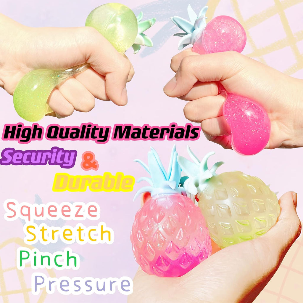 （IUSL）Pineapple Stress Balls for Kids and Adults Squishy Glitter Fruit Fidget Toys, (4pack) Sensory Stress Relief Toy Stretch Squeeze Ball, Stress Anxiety Relief Fidget Squishy Ball for ADHD Autism