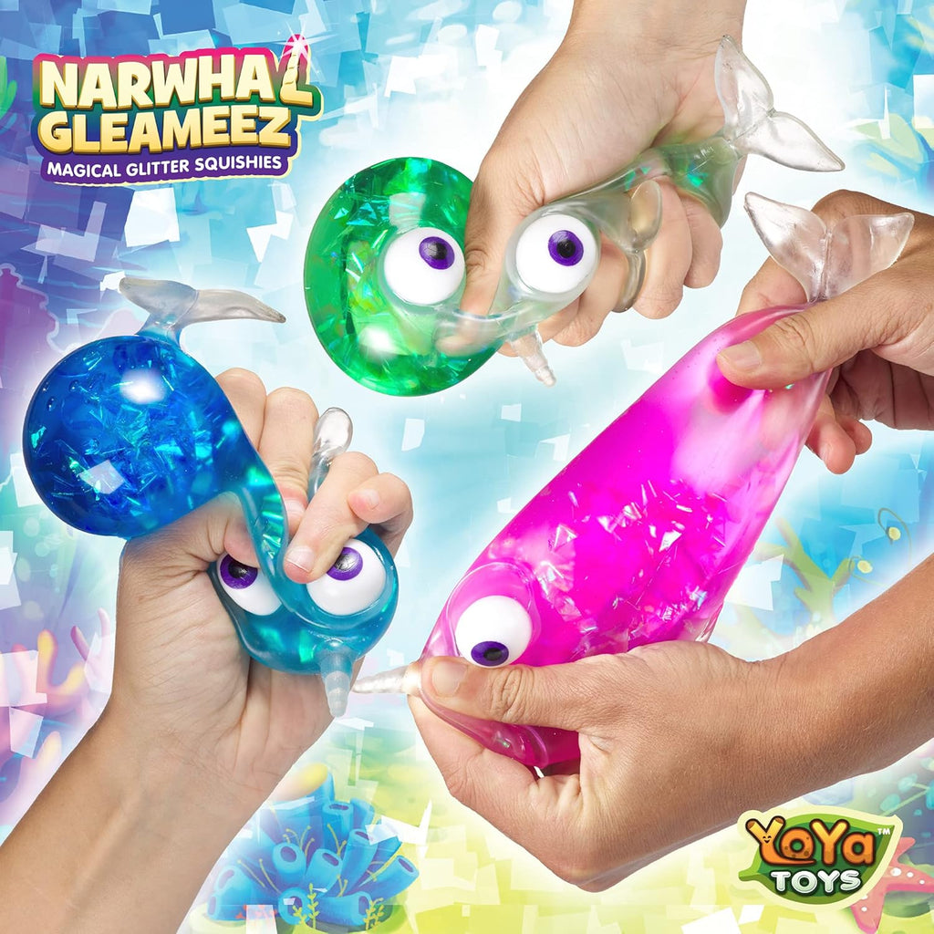 （IUSL）YoYa Toys Gleameez Narwhal Stress Ball Fidget Toy | Glittery Sparkling Squeeze Toy For Anxiety Relief, Stress, Anger Management, Occupational Therapy | Colorful Squishy Ball For Kids & Adults | 3 Pack
