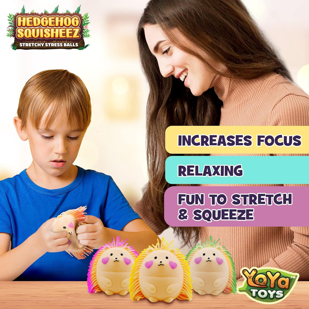 （IUSL）YoYa Toys Hedgehog Squisheez - Set of 4 Cute Stress Balls, Large Easter Stress Balls, Sensory Toys for Kids & Adults, Fun Party Gift Idea - with Purple, Pink, Green, & Yellow Hair