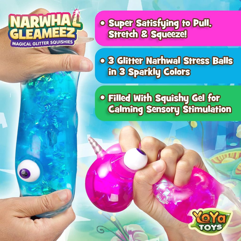 （IUSL）YoYa Toys Gleameez Narwhal Stress Ball Fidget Toy | Glittery Sparkling Squeeze Toy For Anxiety Relief, Stress, Anger Management, Occupational Therapy | Colorful Squishy Ball For Kids & Adults | 3 Pack