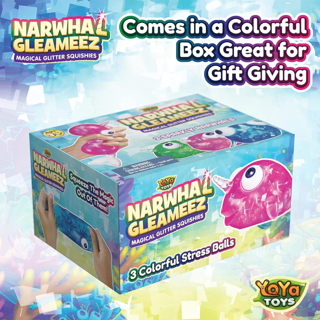 （IUSL）YoYa Toys Gleameez Narwhal Stress Ball Fidget Toy | Glittery Sparkling Squeeze Toy For Anxiety Relief, Stress, Anger Management, Occupational Therapy | Colorful Squishy Ball For Kids & Adults | 3 Pack