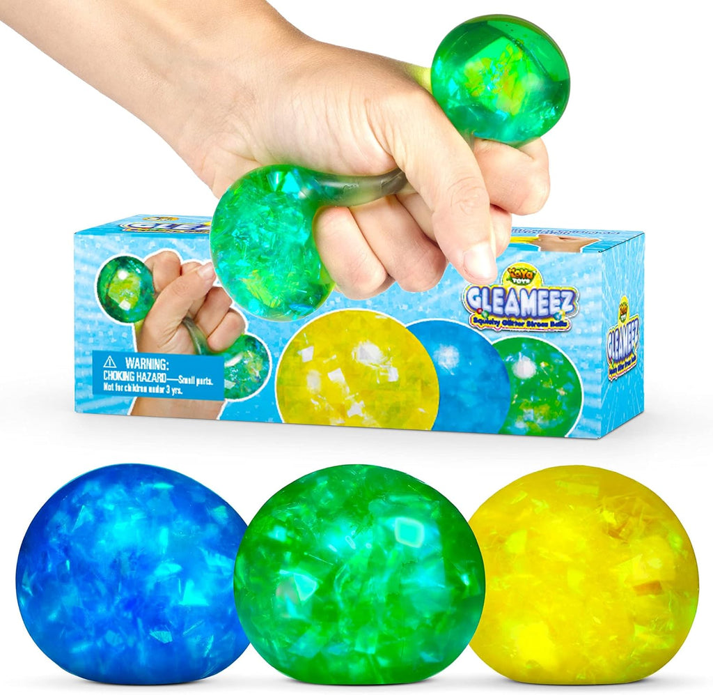 （IUSL）YoYa Toys Gleameez Glitter Stress Ball Fidget Toy Pack | Colorful Squish Balls Filled with Sparkling Foil Glitters | Excellent for Stress Relief, Focus, Relaxation & Gift Giving | 3 Pack