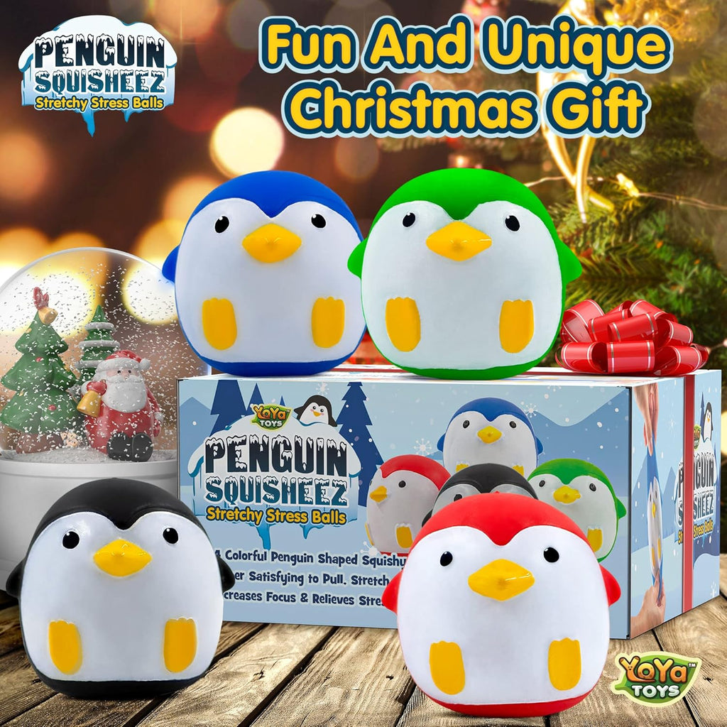（IUSL）YoYa Toys Penguin Squisheez Squishy Stress Relief Balls (Set of 4) | Stretchy Fidget Animal Shaped Toys for Boys, Girls & Adults | Stretch Penguin Squeeze Toy | Great for ADHD, Autism, Anxiety