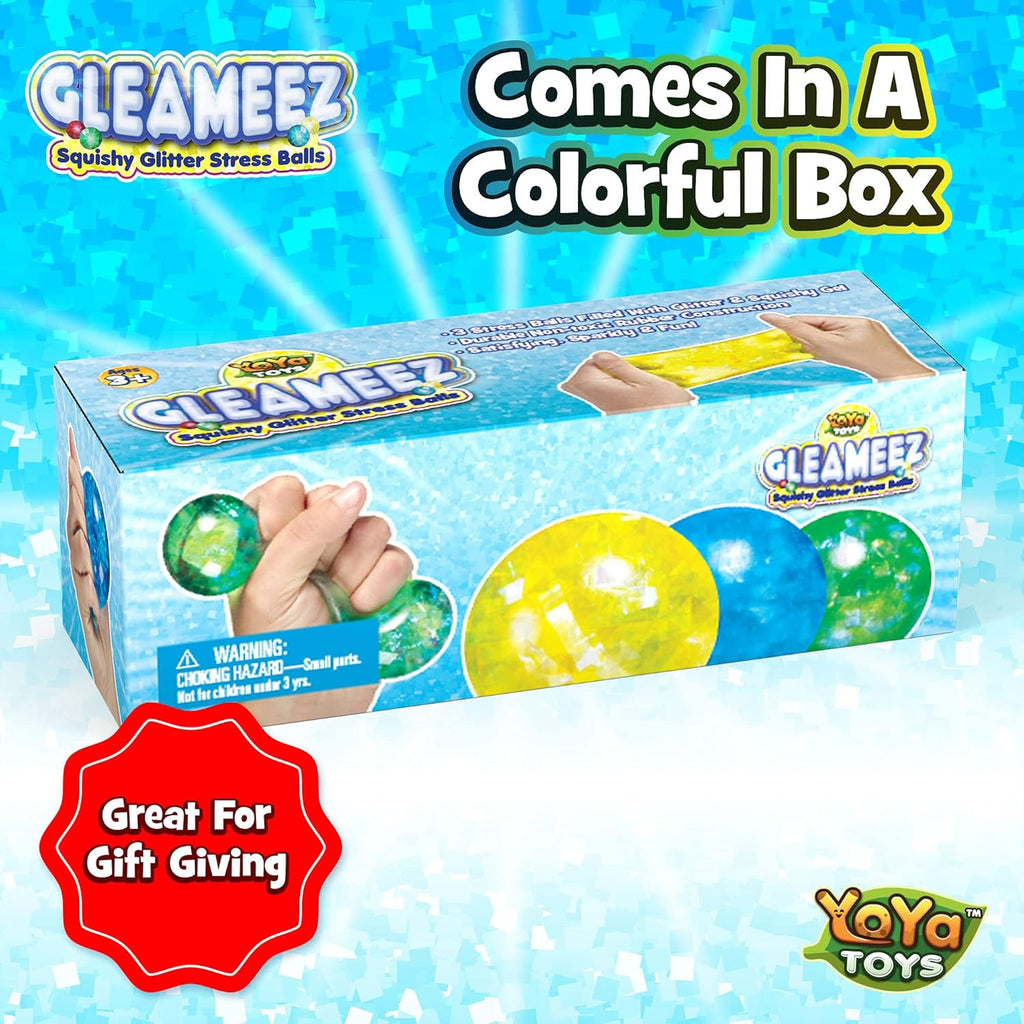 （IUSL）YoYa Toys Gleameez Glitter Stress Ball Fidget Toy Pack | Colorful Squish Balls Filled with Sparkling Foil Glitters | Excellent for Stress Relief, Focus, Relaxation & Gift Giving | 3 Pack