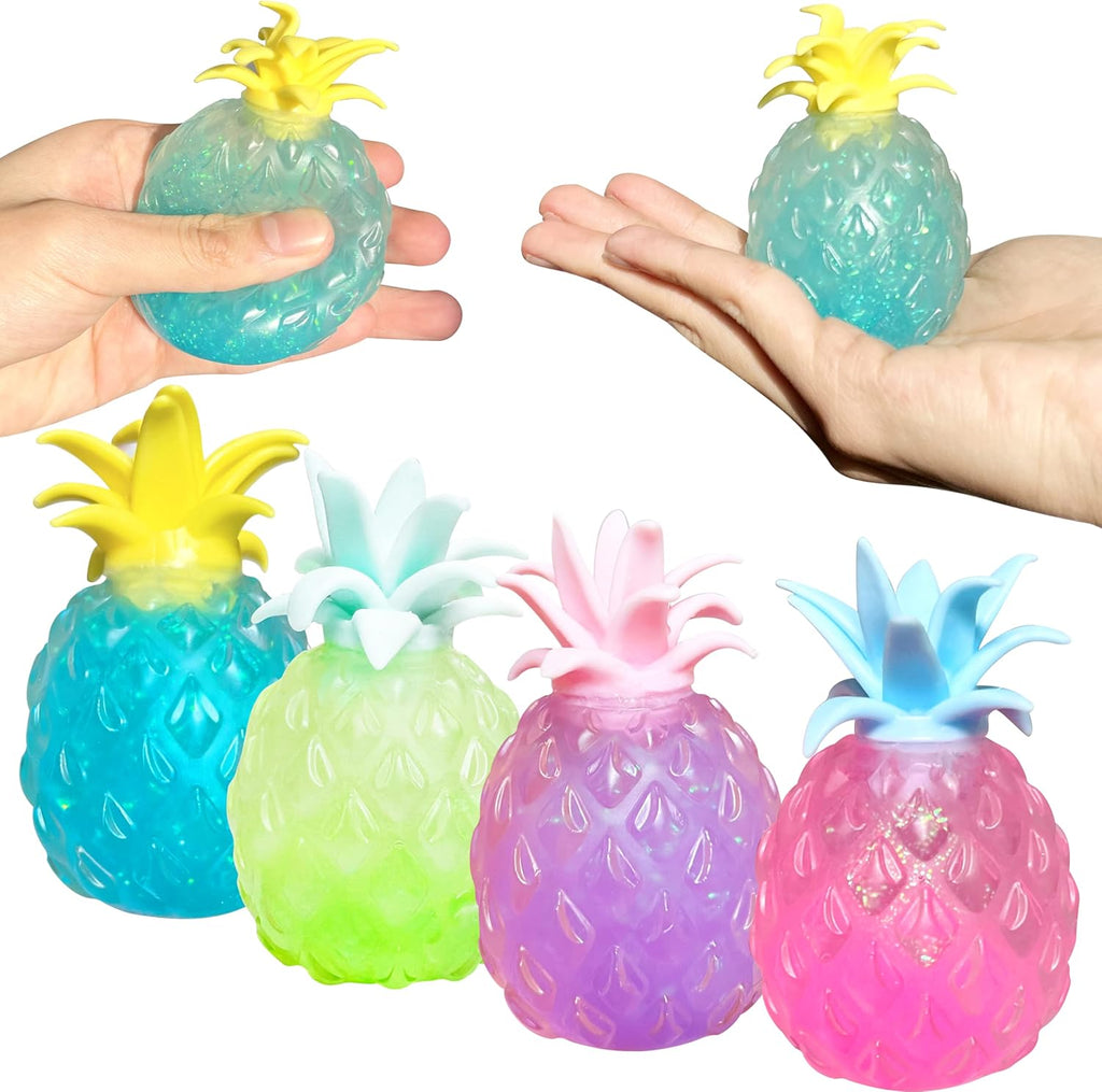 （IUSL）Pineapple Stress Balls for Kids and Adults Squishy Glitter Fruit Fidget Toys, (4pack) Sensory Stress Relief Toy Stretch Squeeze Ball, Stress Anxiety Relief Fidget Squishy Ball for ADHD Autism