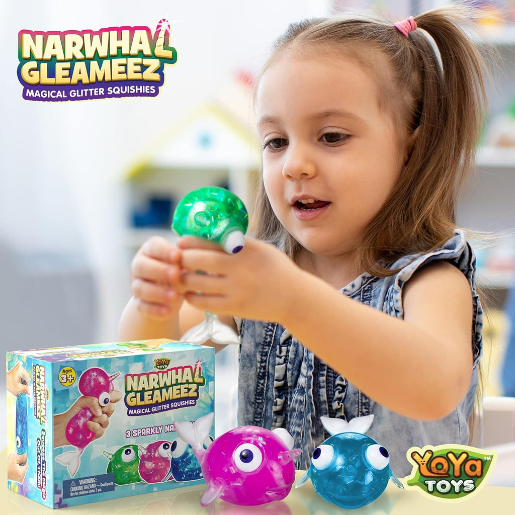 （IUSL）YoYa Toys Gleameez Narwhal Stress Ball Fidget Toy | Glittery Sparkling Squeeze Toy For Anxiety Relief, Stress, Anger Management, Occupational Therapy | Colorful Squishy Ball For Kids & Adults | 3 Pack