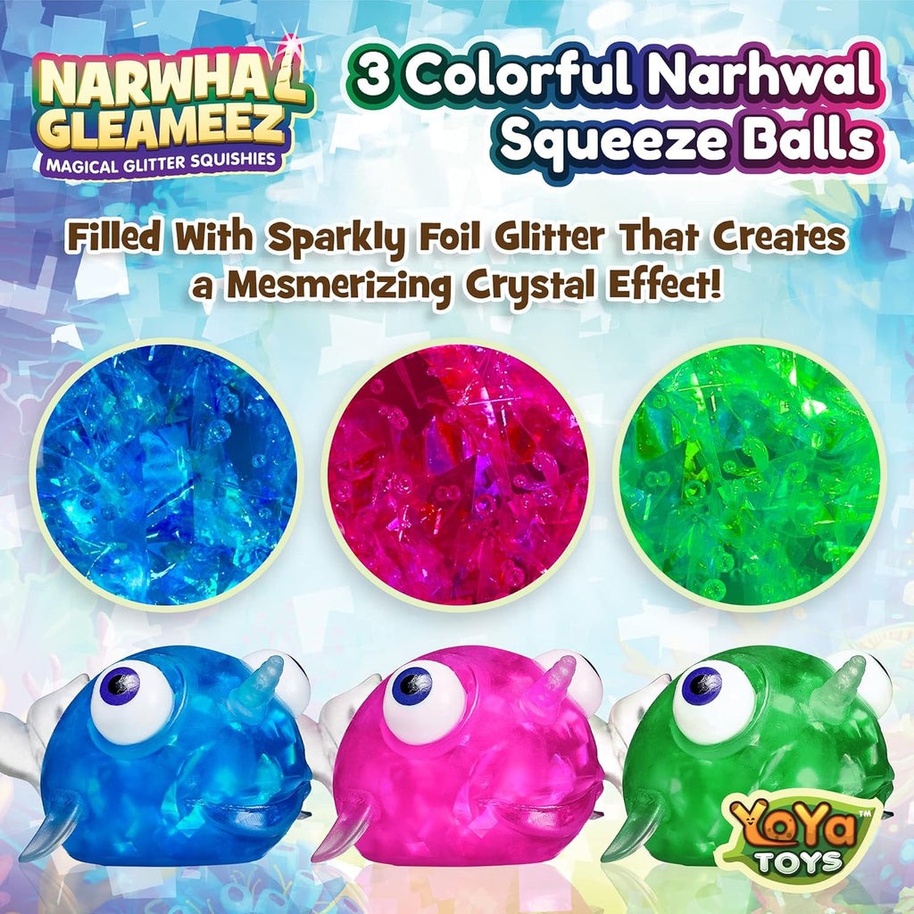 （IUSL）YoYa Toys Gleameez Narwhal Stress Ball Fidget Toy | Glittery Sparkling Squeeze Toy For Anxiety Relief, Stress, Anger Management, Occupational Therapy | Colorful Squishy Ball For Kids & Adults | 3 Pack