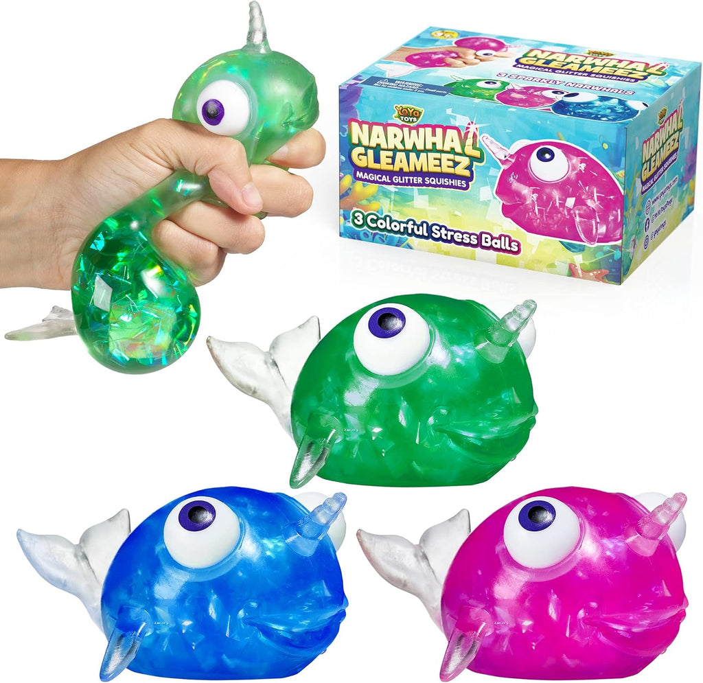 （IUSL）YoYa Toys Gleameez Narwhal Stress Ball Fidget Toy | Glittery Sparkling Squeeze Toy For Anxiety Relief, Stress, Anger Management, Occupational Therapy | Colorful Squishy Ball For Kids & Adults | 3 Pack
