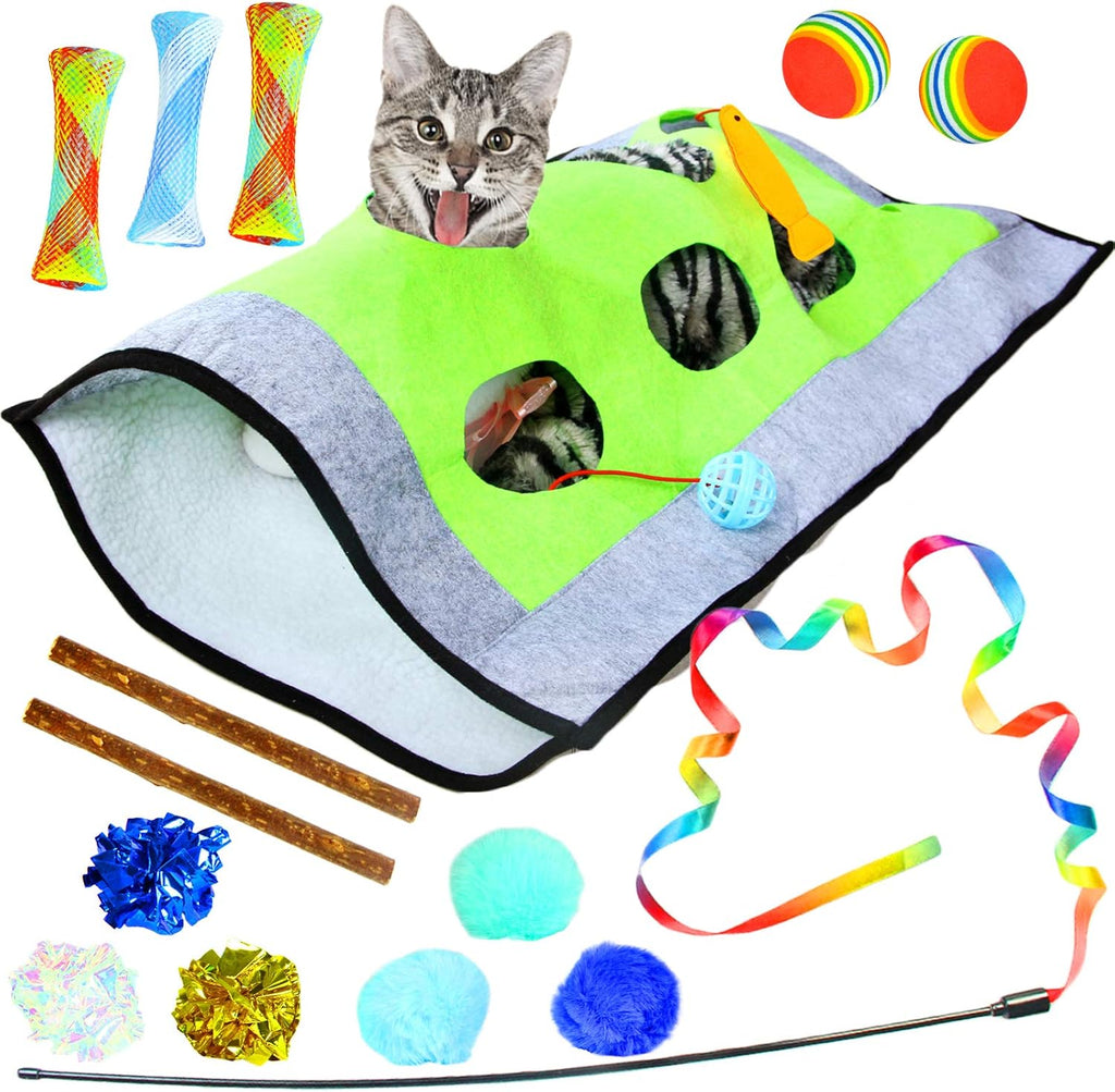 （CA 92878）Youngever 15 Kitten Toys Assortment, Cat Play Mat, Cat Teaser Wand, Crinkle Balls for Kitten & Puppy