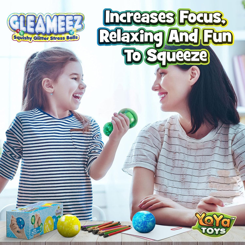 （IUSL）YoYa Toys Gleameez Glitter Stress Ball Fidget Toy Pack | Colorful Squish Balls Filled with Sparkling Foil Glitters | Excellent for Stress Relief, Focus, Relaxation & Gift Giving | 3 Pack