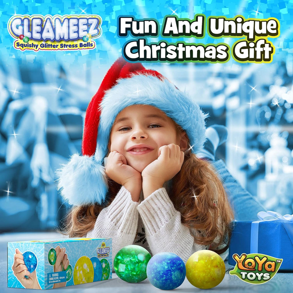 （IUSL）YoYa Toys Gleameez Glitter Stress Ball Fidget Toy Pack | Colorful Squish Balls Filled with Sparkling Foil Glitters | Excellent for Stress Relief, Focus, Relaxation & Gift Giving | 3 Pack